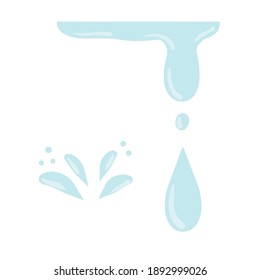 Drop of water. Blue liquid falling down. Wet blue water  Leaks and splatters. Background elements. Flat cartoon isolated on white