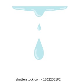 Gota de agua. El líquido azul se cae. Objeto blanco y azul. Elemento de fondo. Dibujo plano aislado en blanco. Fuga y salpicadura