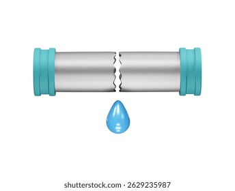 gota de água Tubo quebrado com o ícone de vazamento de água ilustração de renderização 3d