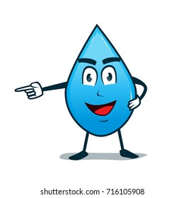 
drop of water character pointing in its hand, illustration design, isolated on white background 