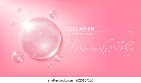 Drop water collagen pink  and structure. Vitamin solution complex with Chemical formula from nature. Beauty treatment nutrition skin care design. Medical and scientific concepts. 3D Realistic Vector.