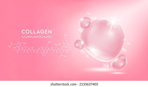 Drop water collagen pink  and structure. Vitamin solution complex with Chemical formula from nature. Beauty treatment nutrition skin care design. Medical and scientific concepts. 3D Realistic Vector.