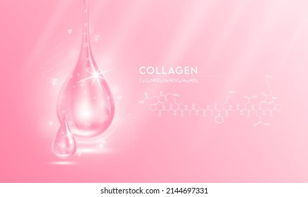 Drop water collagen pink and structure. Vitamin solution complex with Chemical formula from nature. Beauty treatment nutrition skin care design. Medical and scientific concepts. 3D Realistic Vector.