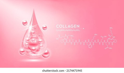 Drop water collagen pink  and structure. Vitamin solution complex with Chemical formula. Beauty treatment nutrition skin care design. Medical and scientific concepts. 3D Realistic Vector EPS10.