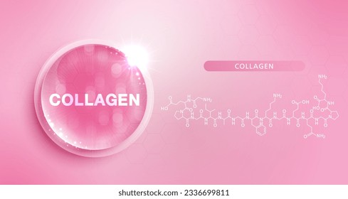 Drop water collagen pink and structure. vitamin solution complex with chemical formula from nature. beauty treatment nutrition skin care design. medical and scientific concepts for cosmetic. vector.