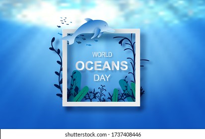 Drop of water concept of World Oceans Day. Celebration dedicated to help protect sea earth and conserve water ecosystem. Blue origami craft paper of sea waves.Underwater frame poster background 