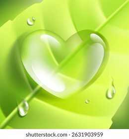 A drop of water or dew in the shape of a heart on a green leaf. Purity and freshness, nature and ecology. Vector illustration.