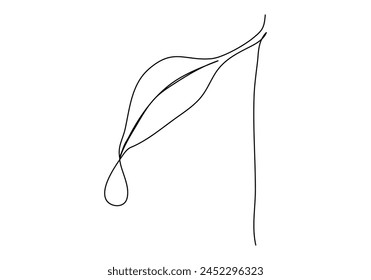 Drop of water dripping off a leaf, one line drawing vector illustration.
