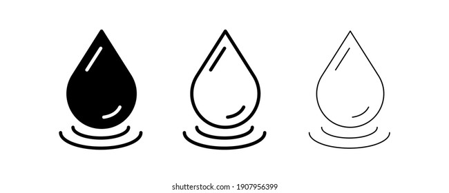 A drop of water falling into a lake or pool of 3 different thicknesses. Glowing water with water drop. flat art modern vector illustration.