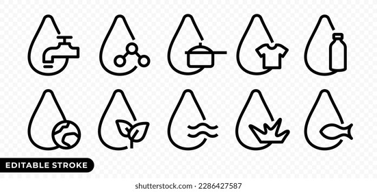 Drop of water with faucet, molecule, saucepan, t-shirt and plastic bottle sign vector icon. Editable stroke icon of water droplet and planet, plant, wave, grass and fish sign