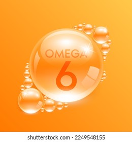 Drop water fish oil omega 6 orange. Polyunsaturated fatty nutrient. Vitamins complex from nature. Water drop isolated on yellow background. Medical concepts. 3D Realistic Vector EPS10.