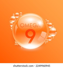 Drop water fish oil omega 9 orange. Polyunsaturated fatty nutrient. Vitamins complex from nature. Water drop isolated on yellow background. Medical concepts. 3D Realistic Vector EPS10.