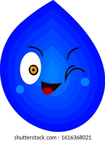 Drop of water funny cartoon character on a white background winks and laughs concept of natural elements and environment.