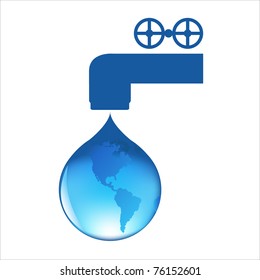 Drop Of Water With Globe, Isolated On White Background, Vector Illustration