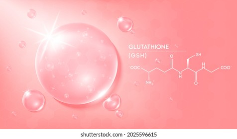 Caer agua glutationa rosa y estructura. Complejo de solución de vitamina con fórmula química de la naturaleza. Tratamiento de belleza nutrición diseño de cuidado de la piel. Conceptos médicos y científicos. Vector realista 3D