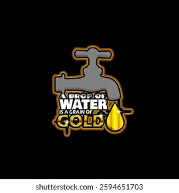 A Drop of Water is a Grain of Gold day celebrated on the first Sunday of April. Illustration of a water tap dripping golden water droplets on a black background.