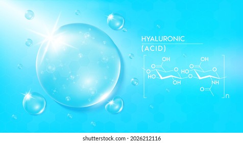 Drop water hyaluronic acid blue and structure. Vitamin solution complex with chemical formula from nature. Beauty treatment nutrition skin care. Medical and scientific concepts. 3D Realistic Vector.