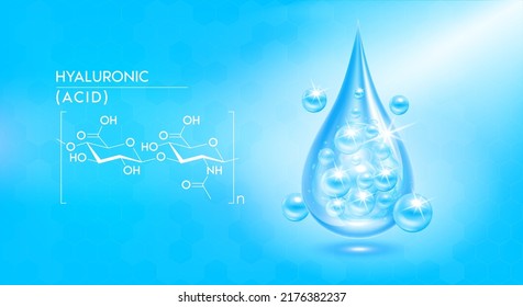 Drop water hyaluronic acid blue and structure. Vitamin complex solution with chemical formula. Beauty treatment nutrition skin care. Medical and scientific concepts. 3D Realistic Vector.