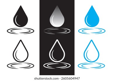 Drop water icon set in different type . Various shapes of water drops, water and rain simple icon. Blood or oil drop. Vector illustration.
