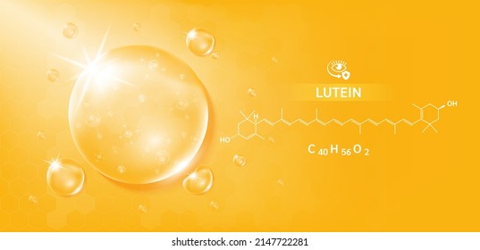 Drop water lutein orange and structure. Vitamin complex with Chemical formula from marigold to nourish eyes. Medical and scientific concepts. 3D Realistic Vector EPS10.