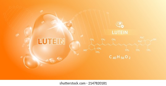 Drop water lutein orange and structure. Vitamin complex with Chemical formula from marigold to nourish eyes. Medical and scientific concepts. 3D Realistic Vector EPS10.