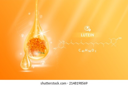 Drop water lutein orange and structure. Vitamin complex with Chemical formula from marigold to nourish eyes. Medical and scientific concepts. 3D Realistic Vector EPS10.