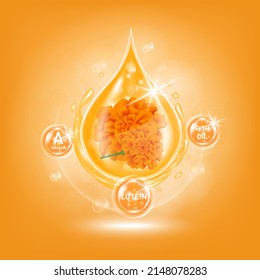 Drop water lutein orange. Vitamin A complex and fish oil with Chemical formula from marigold to nourish eyes. Medical and scientific concepts. 3D Realistic Vector EPS10.