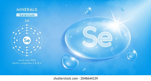 Drop water minerals selenium blue. Minerals complex with Chemical formula from nature. Nutrition healthy food supplement design. Medical and scientific concepts. 3D Realistic Vector EPS10.