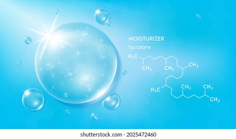 Drop water moisturizer blue and structure squalane molecule. Vitamin solution with Chemical formula from nature saturated compound. Beauty treatment nutrition skin care medical. 3D Realistic Vector. svg