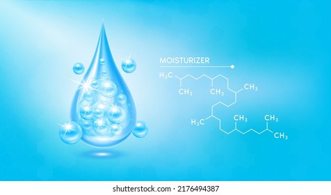 Caer agua hidratante azul y estructura de la molécula de squalano. Solución de vitamina con compuesto saturado de fórmula química. Tratamiento de belleza nutrición cuidado médico de la piel. Vector Realista 3D.