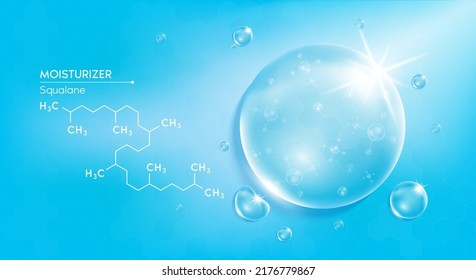 Drop water moisturizer blue and structure squalane molecule. Vitamins complex solution with chemical formula from nature saturated compound. Beauty treatment nutrition skin care medical. 3D Vector.