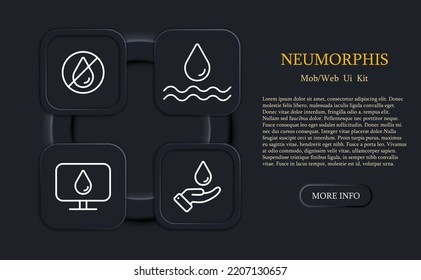 Drop Of Water. Ocean, H2O, Wave, Sea, Hand, Drink, Search For Drinking Water, No Entry With Water, Magnifying Glass. Beverage Concept. Neomorphism Style. Vector Line Icon For Business