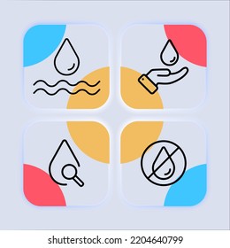 Drop Of Water. Ocean, Wave, Sea, Hand, Drink, Search For Drinking Water, No Entry With Water, Magnifying Glass. H2O Concept. Neomorphism Style. Vector Line Icon For Business