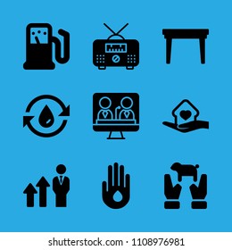 drop of water on hand, promotion, water, television, table, animal, radio, shelter and gas station vector icon. Simple icons set