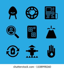 drop of water on hand, scarecrow, volcano, chair, battery, speaker, world peace, search and news paper vector icon. Simple icons set