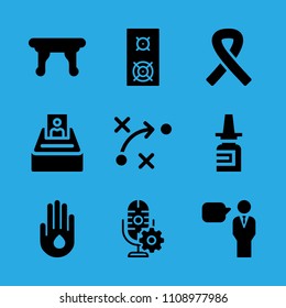 drop of water on hand, selection, strategy, table, awareness ribbon, speaker, nasal spray, speech and microphone vector icon. Simple icons set