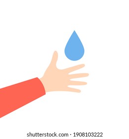 Drop of water on the hand. Wash your hands concept. Simple vector illustration isolated on white background. Flat design