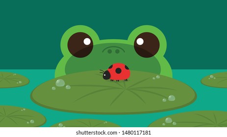 Drop of water on lotus leaf. Lotus leaf vector. wallpaper. ladybug on lotus leaf.
frog cartoon vector.
