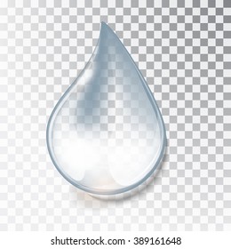 Drop of water on a transparent background. Realistic water drop. Vector illustration. Transparent drop with shadow and reflection