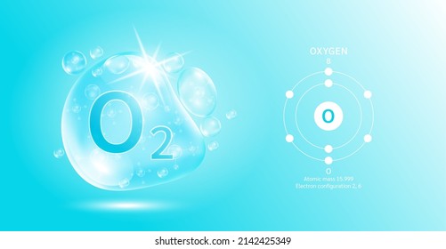 Drop water oxygen O2 molecule bubbles blue and chemical formulas. Natural gas. Electron diagram. Chemical element and atomic number. Ecology and biochemistry concept. 3D Vector Illustration. - Shutterstock ID 2142425349