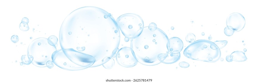 Drop Water with Rainbow bubble isolated on white background.3D Vector illustration Blue clear Soap foam balls,Shampoo with reflections.Transparency flying Clear shiny Rain drop