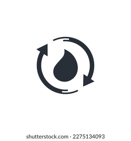 Drop of water and rotation arrows. Recycle water. Vector linear icon isolated on white background.