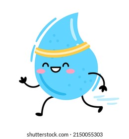 A drop of water running. Cute cartoon character blue water drop. Vector illustration isolated on white background. 