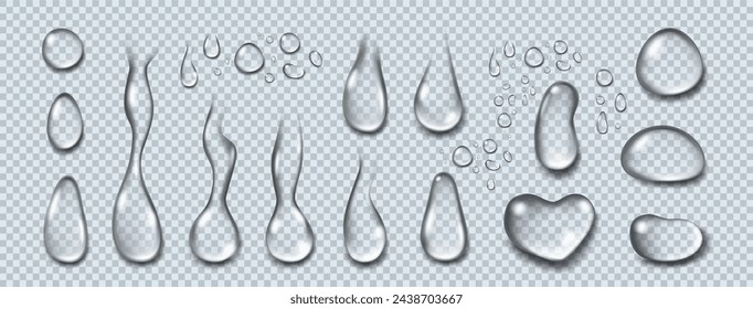 Drop water. Serum gel, oil droplet, collagen liquid jelly clear, cream hyaluron acid, transparent ball, surface moisture lotion. Clear isolated liquid closeup. Rain condensation. Vector background 3d