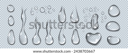 Drop water. Serum gel, oil droplet, collagen liquid jelly clear, cream hyaluron acid, transparent ball, surface moisture lotion. Clear isolated liquid closeup. Rain condensation. Vector background 3d