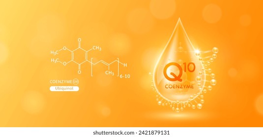 Drop water serum solution coenzyme Q10 or Ubiquinol surrounded by DNA and chemical structure. Vitamins complex with molecule atom from nature orange. Nutrition skin care cosmetics banner. Vector.