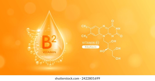 Solución sérica de agua de gota vitamina B2 o Riboflavina rodeada de ADN y estructura química. Complejo de vitaminas con átomo de molécula de naranja natural. Cartel de cosméticos de cuidado de la piel de nutrición. Vector.