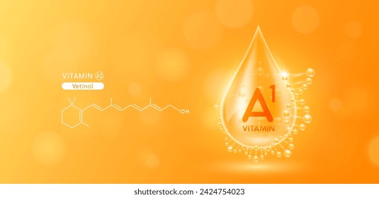 Drop water serum solution vitamin A1 or Vetinol surrounded by DNA and chemical structure. Vitamins complex with molecule atom from nature orange. Nutrition skin care cosmetics banner. Vector.