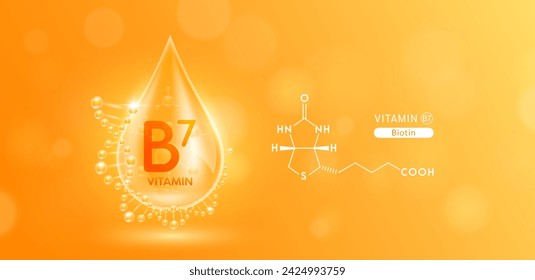 Drop water serum solution vitamin B7 or Biotin surrounded by DNA and chemical structure. Vitamins complex with molecule atom from nature orange. Nutrition skin care cosmetics banner. Vector.