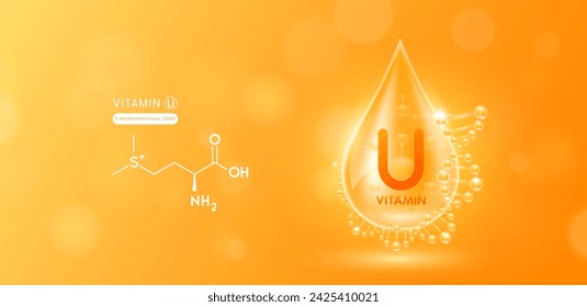 Gota de agua solución de suero vitamina U rodeado de ADN y estructura química. Complejo de vitaminas con átomo de molécula de naranja natural. Banner de cosméticos para el cuidado de la piel. Vector.